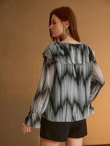 MOTF PREMIUM TWO TONE STRIPED PRINT RUFFLE TRIM TIE FRONT FLARE SLEEVE BLOUSE , FALL WINTER