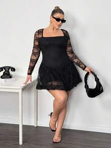 Truni Plus Size Women's Sheer Lace Long Sleeve Mini Dress, Lace Peplum Hem Mini Dress, Square Neck Detail Dress/Autumn /Winter - Black - View 7