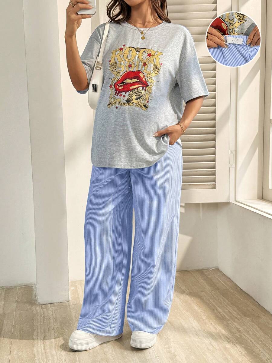 SHEIN 2pcs Maternity Casual Fashion Street Chic Red Lip & Rock Letter Print Loose Fit Dropped Shoulder T-Shirt And Adjustable Waist Striped Print Wide Leg Pants Set, Spring/Summer/Autumn Linen Pants Set Pants And Top Set Summer Pants Sets For Women 2 Piece Casual Sets Woman 2 Piece Woman Set Pants - Blue and White - View 1