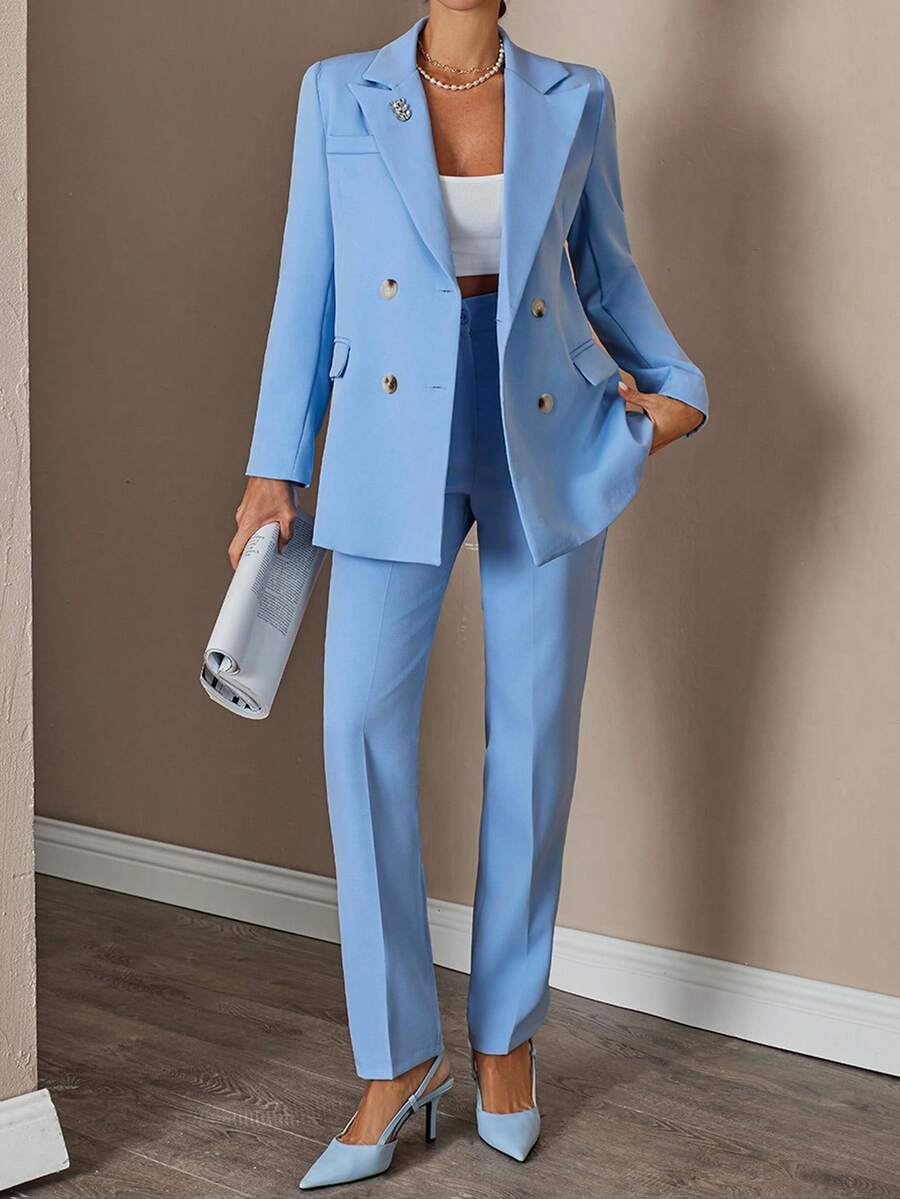 SHEIN Cottnline Women Solid Color Suit Sets Blazer Jacket And Pants Rhinestone And Button Front Detailed - Baby Blue - View 1
