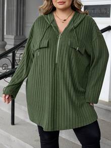 SHEIN CURVE+ Curve Plus Size Women Casual Loose Hooded Half Zip Metal Decor Ribbed Pullover T-Shirt, Autumn/Winter