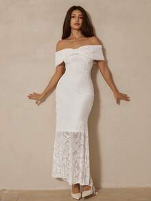 Revavyn Váy đuôi cá in họa tiết hoa hồng co giãn cao, cổ lông giả có thể tháo rời, không tay, chất liệu vải cháy nắng, thích hợp cho tiệc tối - trắng - Xem 5