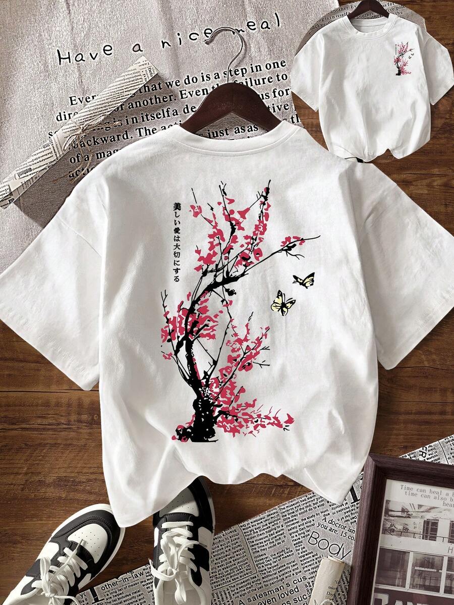 SHEIN 女式休闲花卉印花圆领短袖T恤，夏季 - 白色 - 查看 1