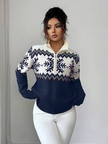 SHEIN Elenzya Áo len nữ thanh lịch, họa tiết Fair Isle, áo len khóa kéo nhiều màu, họa tiết Giáng sinh, áo len thu/đông - Màu xanh hải quân - Xem 6