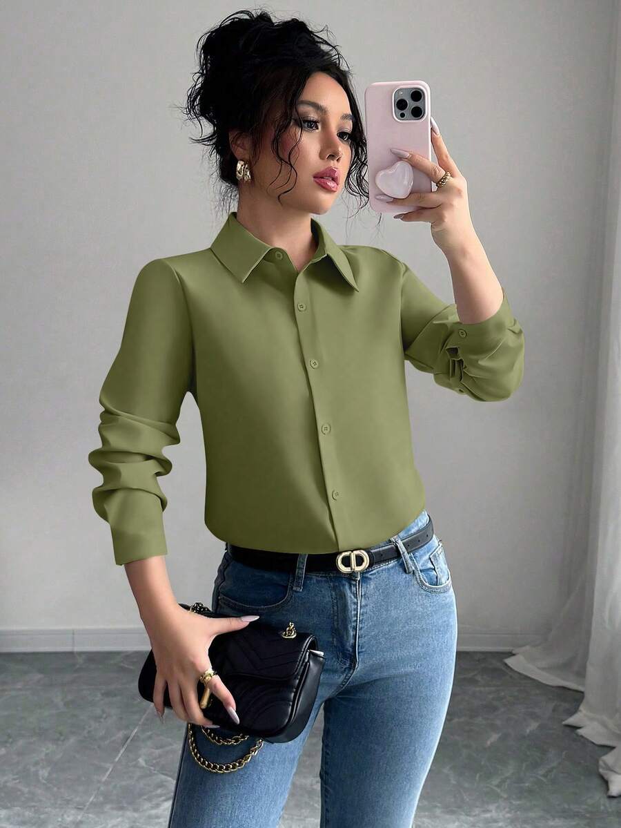 Elenzga Áo sơ mi dài tay trơn màu giản dị, mùa thu - Màu xanh Ô liu - Xem 1