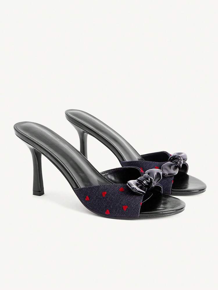 CUCCOO CHICEST Women's Bow Decor Heart Pattern Fashion Versatile High Heel Slide Sandals Summer Shoes Wedding Shoes Bride Shoes