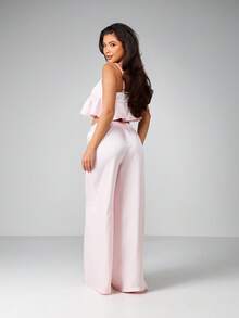 MISSGUIDED Cute Cami Ruffle Two Piece Pajama Set With Wide Leg Palazzo Pants And Off Shoulder Sweetheart Neckline For Sleep Lounge - Baby Pink - View 2