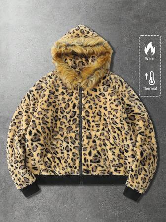 Giacca con cappuccio in stile americano, con stampa leopardata e texture, per l'autunno/inverno, stile di strada per uomo