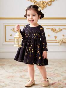 SHEIN Baby Girl Lantern Print Casual Comfortable Long Sleeve Dress, Holiday Edition - Black - View 8