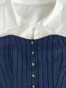 Xyvia 杏色和白色奢华通勤高端成熟智慧女士长袖上衣和阔腿裤两件套，AB面料拼接衬衫领翻领修身腰部上衣，罗纹阔腿裤，适合办公室、校园、商务、旅行、秋冬春季休闲穿着。 - 寶藍色 - 查看 4