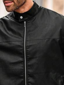 EASEVO 加大码男士纯色拉链休闲百搭长袖皮夹克