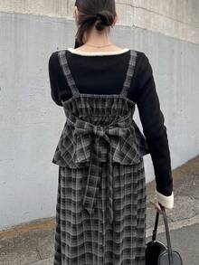 FRIFUL 女士格子吊带长款半身裙，后背蝴蝶结装饰，休闲宽松两件套，秋冬家居服套装 - 黑色 - 查看 6