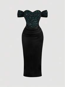 SHEIN MOD Plus Size Women's Sequin Patchwork Ruffle Off-Shoulder Elegant Party Dress - Dark Green - View 1