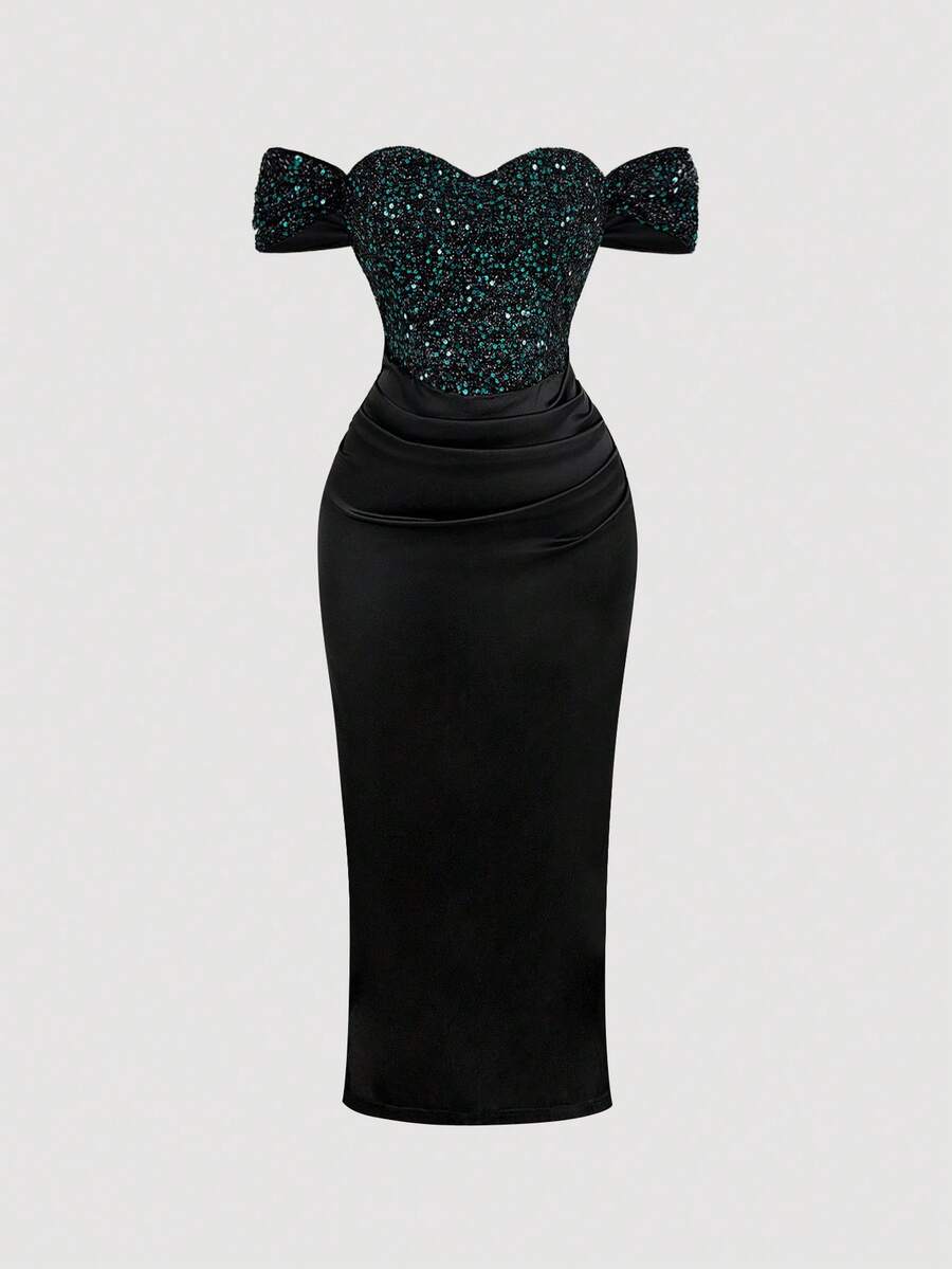 SHEIN MOD Plus Size Women's Sequin Patchwork Ruffle Off-Shoulder Elegant Party Dress - Dark Green - View 1