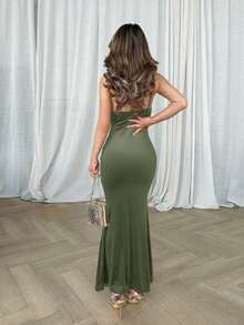 Jemour 女士纯色褶皱荷叶边下摆优雅细肩带连衣裙，夏季长款女装 - 薄荷綠 - 查看 2