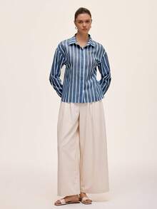 Almamuse Áo sơ mi sọc xanh trắng dành cho nữ, thoải mái khi đi làm và mặc thường ngày, mùa xuân/hè - Màu xanh lam - Xem 5