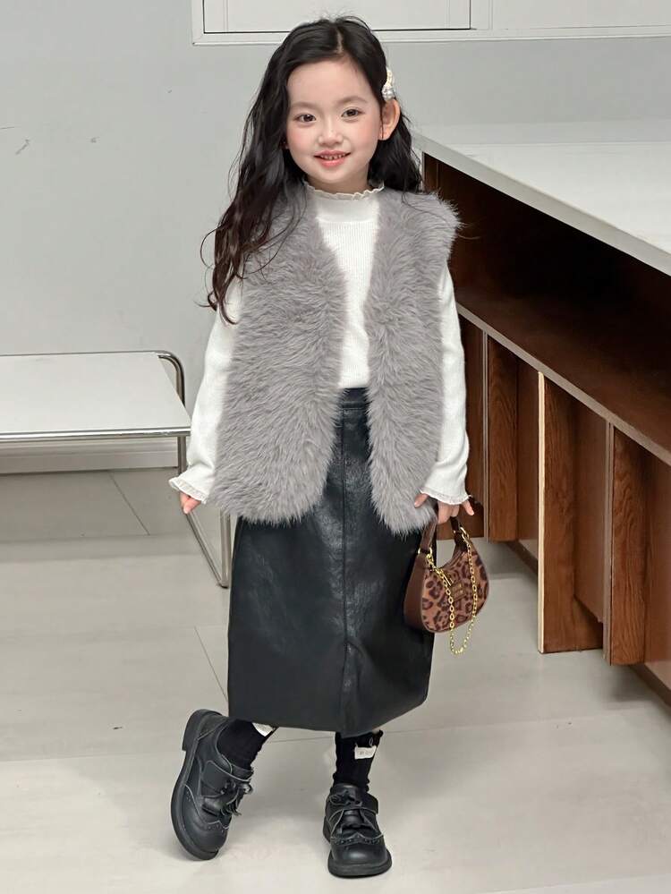 Young Girl Sleeveless Fuzzy Vest, Solid Color, Autumn/Winter