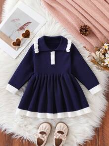 SHEIN Playful Pals 女婴时尚简约针织长袖褶皱连衣裙