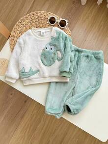 Baby Boy Casual Fluffy Cartoon Pattern Long Sleeve Pajama Set, Autumn/Winter