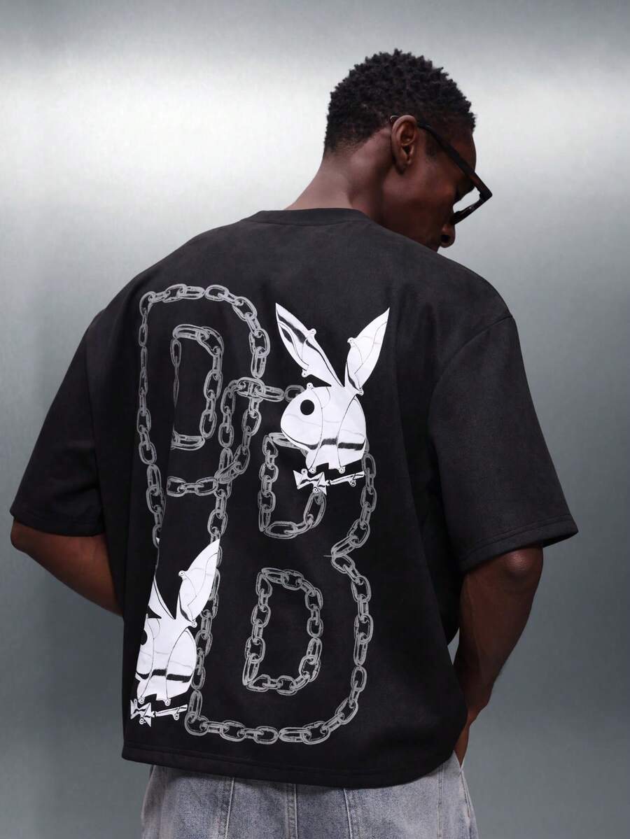 PLAYBOY X SUMWON Boxy Fit Crew Neck Short Sleeve Tee With Bunny Chain Graphics - Black - View 1
