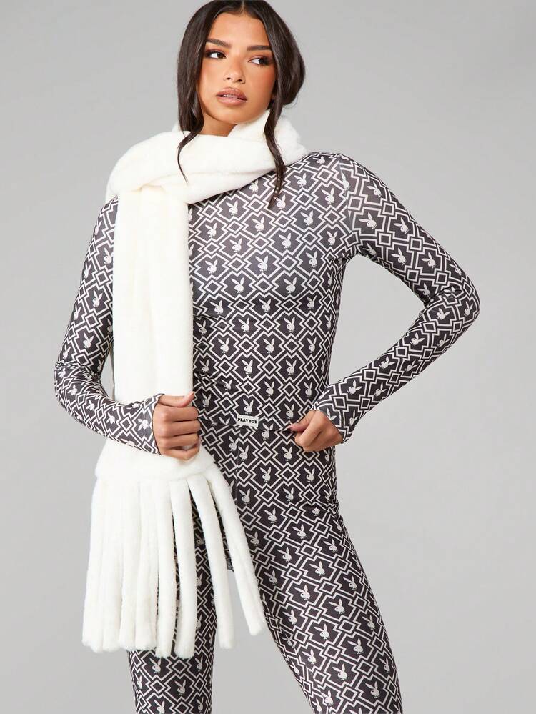Missguided x Playboy Bunny All Over Print Long Sleeve Fitted Top With Geometric Diamond Pattern For Casual Winter Wear