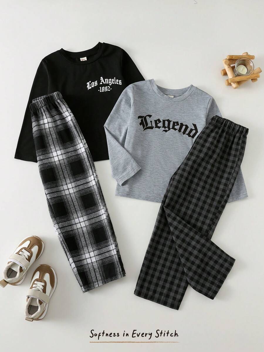 Cozy Pixies 4 pièces/set Tenue décontractée pour jeune garçon, comprenant un Top à manches longues col rond ample avec imprimé lettres en tricot doux et un pantalon long classique à carreaux. Convient pour la maison, les jeux extérieurs, les vacances, les sports légers, une mode polyvalente - Multicolore - Voir 1