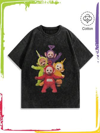 Teletubbies X ROMWE T-shirt ample à manches courtes avec motif de dessin animé délavé pour femmes