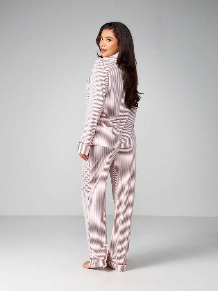 MISSGUIDED Striped Pajama Set Long Sleeve Button Up Shirt Lounge Pants Sleepwear Nightwear