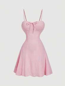 SHEIN MOD Ensemble 2 pièces pour femmes composé d'un Top à manches évasées volantées de couleur unie et d'une robe à bretelles spaghetti - Rose bonbon - Voir 4