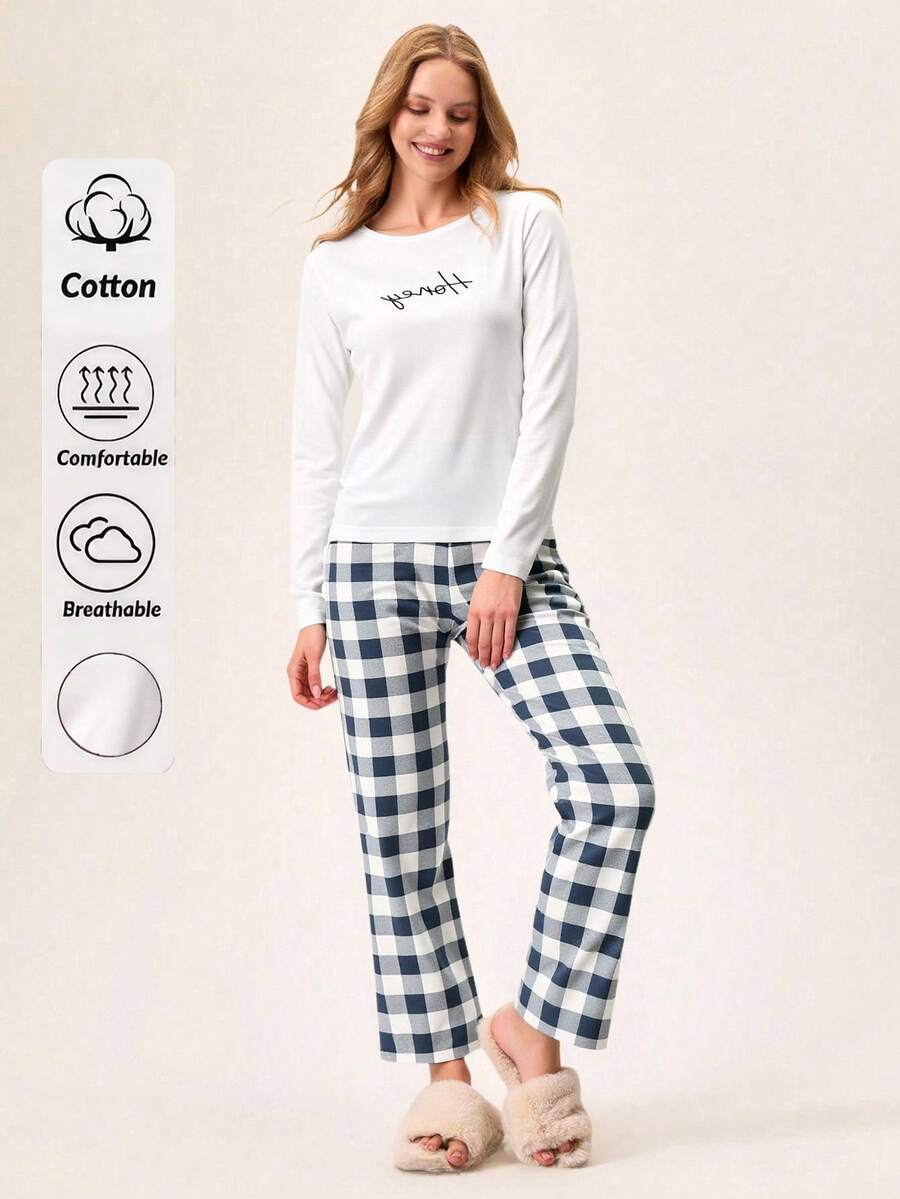 Loomlin Pyjama-Set mit Langarm Top mit englischem Buchstabe Muster und karierter Hose - Verschiedenfarbig - Übersicht 1