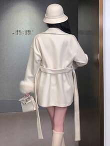 DAZY 女士羊毛大衣，配有毛绒拼布纯色抽绳腰带，适合情人节夹克 - 米色 - 查看 5