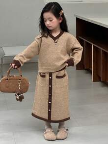 DAZY 女童休闲落肩毛衣半裙套装，秋冬季 - 棕色 - 查看 4