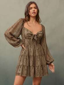 WESTFADE Embroidered Chiffon Sweetheart Neck Bow Tie Front Long Puff Sleeve Smocked Back Tiered Ruffle A Line Mini Dress Cute Fall Clothes For Women, Country Concert Outfit, Boho, Casual, Autumn, Winter - Coffee Brown - View 4