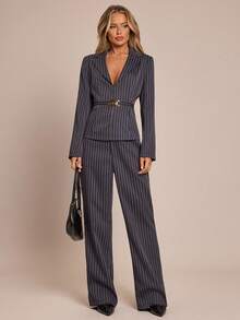 SHEIN Glamour Conjunto de duas peças de terno de negócios de manga comprida com decote em V feminino, inverno - Azul - Ver 3