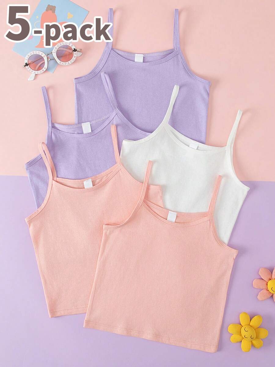 SHEIN Bộ 5 áo lót hai dây màu trơn tối giản mềm mại và thoải mái cho bé gái - Nhiều màu - Xem 1