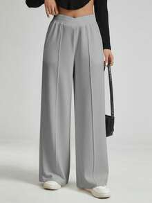 SHEIN Essnce 女士纯色弹力腰带牙签条纹设计宽松休闲阔腿裤 - 淺灰色 - 查看 6
