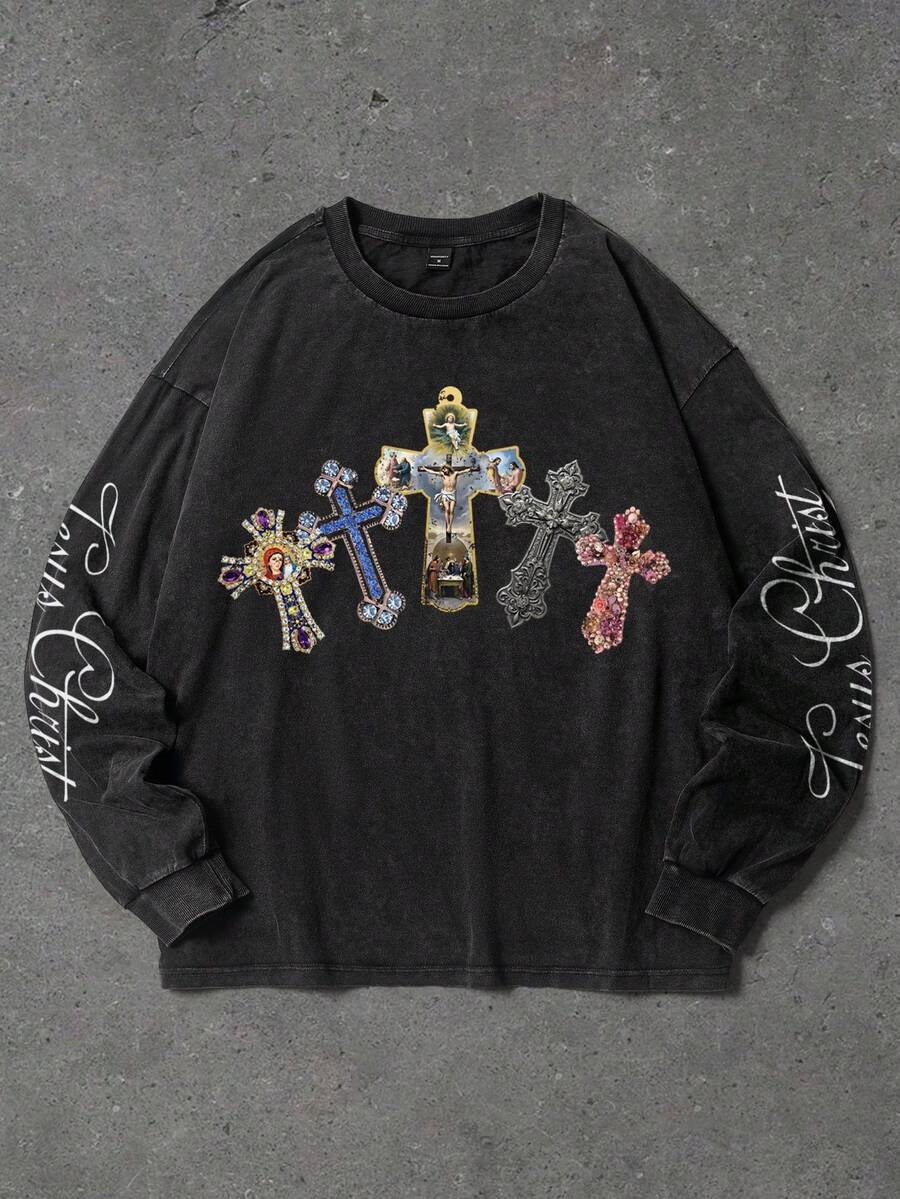 Manfinity EMRG 男士十字字母印花休闲圆领长袖T恤 - 黑色 - 查看 1