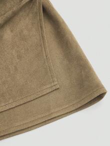 Sweetra Plus Size Brown Pleated Asymmetric Zipper Back Suede Fuzzy Fabric Short Skirt, Minimalist Style For Commuting, Autumn/Winter - Khaki - View 8