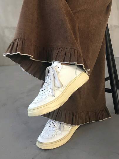 FRIFUL Women's Solid Color Elastic Waist Wide Leg Pants With Frill Trim Decoration, Casual Loose Versatile Long Trousers, Autumn/Winter