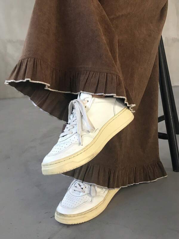 FRIFUL 女士纯色弹力腰阔腿裤，荷叶边裤脚装饰，休闲宽松百搭长裤，秋冬款