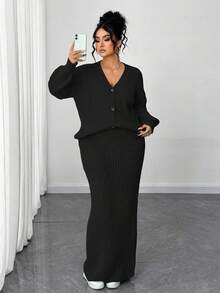Elenzga Plus Size Elegant Solid Color Button-Front Cardigan And Skirt 2-Piece Set, Autumn/Winter - Black - View 6