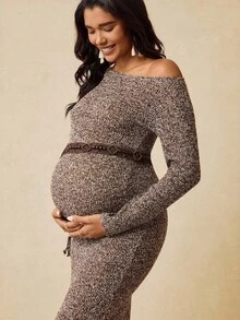 Boho Mama 孕妇秋季时尚不对称领口修身连衣裙 - 彩色 - 查看 6