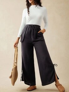 Boho Mama Maternity Pants For Women,Solid Color Plain Grey Drawstring Waist Wide Leg Flowy Casual Pants,Lounge Autumn Capri Pants With Pockets - Black - View 2