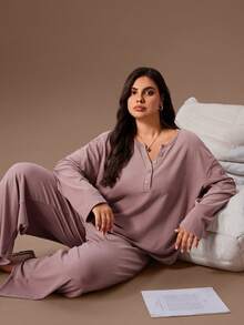 Lazeform Solid Color Knit Collar Button Decor Loose Long Sleeve & Pants Pajama Set, Plus Size - Dusty Pink - View 6