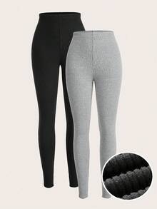 SHEIN EZwear 大码女士休闲纯色打底裤，适合秋冬季节穿着。 - 彩色 - 查看 1