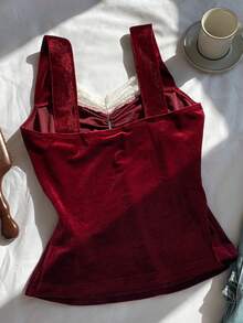 Comfortcana 女士优雅撞色蕾丝褶皱天鹅绒吊带背心情人节酒红色正式上衣 - 酒紅色 - 查看 2