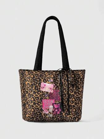 Goth Borsa a tracolla di grande capacità con stampa leopardata, motivo a occhi Y2K, decorazioni a diamante, rivetti e coniglietto, in stile fashion, 1659047