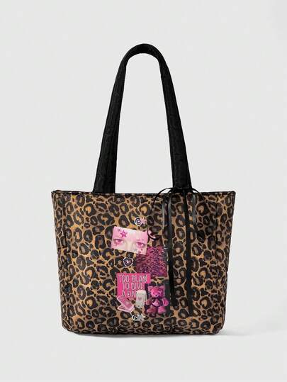 Goth Borsa a tracolla di grande capacità con stampa leopardata, motivo a occhi Y2K, decorazioni a diamante, rivetti e coniglietto, in stile fashion, 1659047