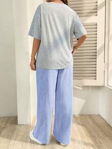 SHEIN 2pcs Maternity Casual Fashion Street Chic Red Lip & Rock Letter Print Loose Fit Dropped Shoulder T-Shirt And Adjustable Waist Striped Print Wide Leg Pants Set, Spring/Summer/Autumn Linen Pants Set Pants And Top Set Summer Pants Sets For Women 2 Piece Casual Sets Woman 2 Piece Woman Set Pants - Blue and White - View 2