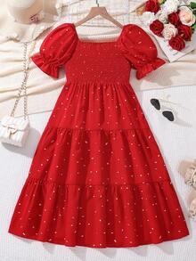 Vestido de tutú de múltiples capas con falda de pastel de manga abullonada con lunares rojos para niñas preadolescentes en el Día de San Valentín - Rojo - Ver 1